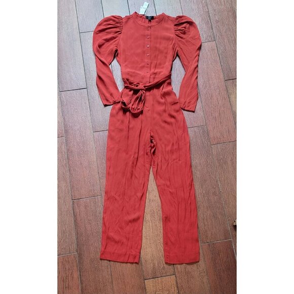 J CREW Puff Sleeve Casual Jumpsuit Straight Fit RED ORANGE Drapey Size 4 NEW - Picture 6 of 15